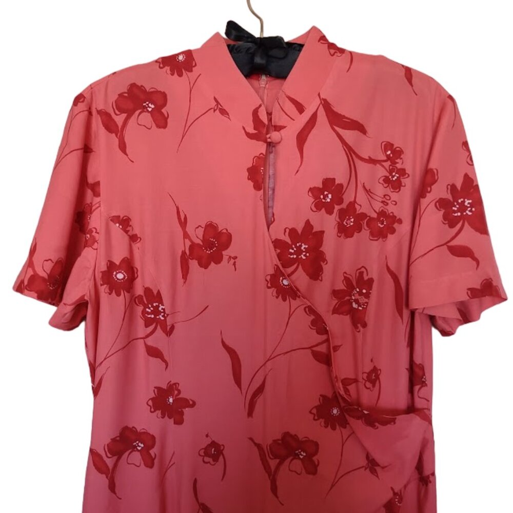 Vintage Newport News Mandarin Collar Mock-Wrap Maxi Dress W/Front Slit Red 12